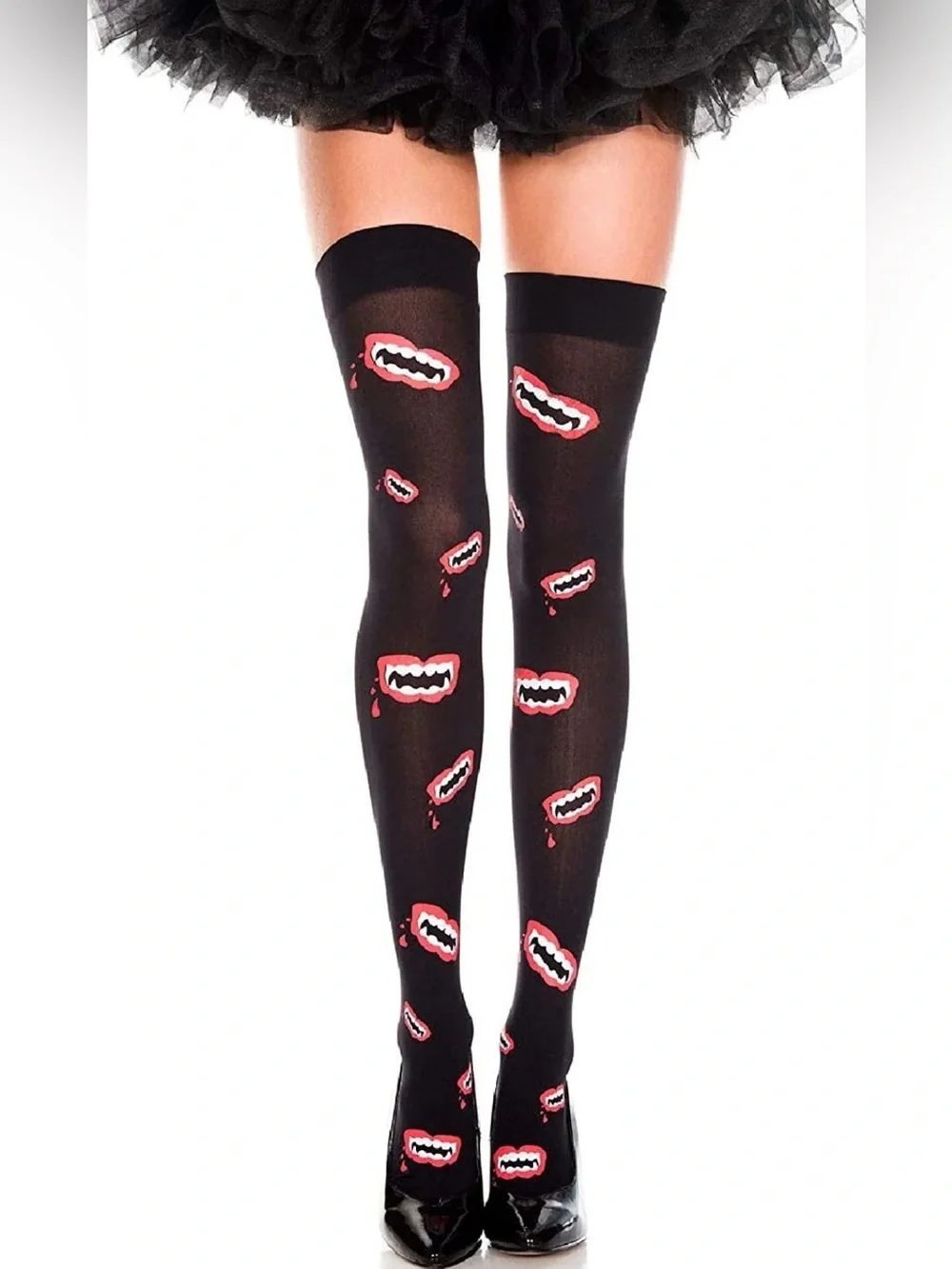 Thigh-High Vanpire Teeth Stockings in Black & Red
